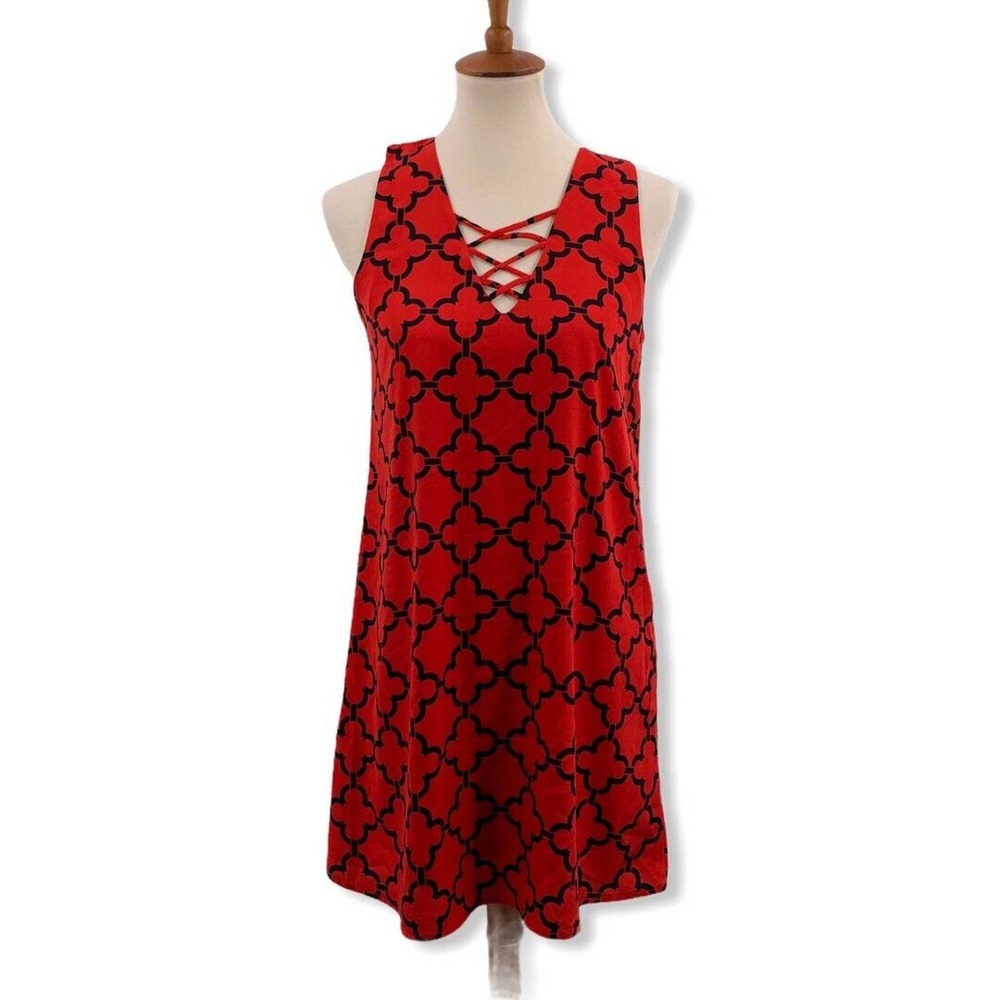 Pink Owl Red Sleeveless Patterned Dress Small‎